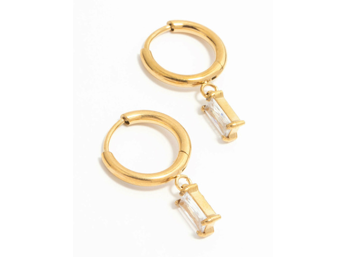 Waterproof Gold Plated Stainless Steel Baguette Diamante Huggie Earrings