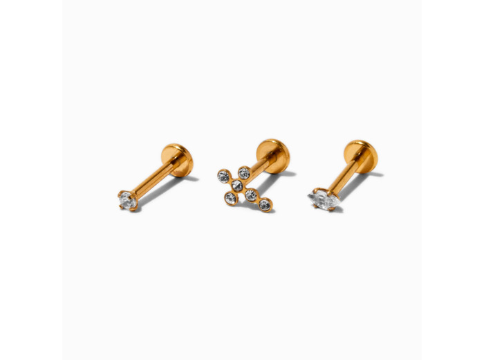 Clous d'oreilles pour piercing cartilage croix en zircon cubique d'imitation 1,2 mm en titane couleur dorée - Lot de 3