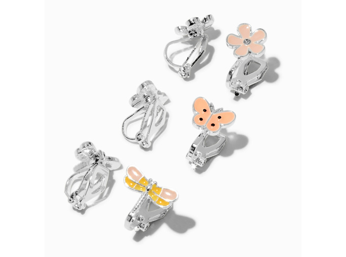 Boucles d'oreilles à clip fleur, papillon, libellule - Lot de 3