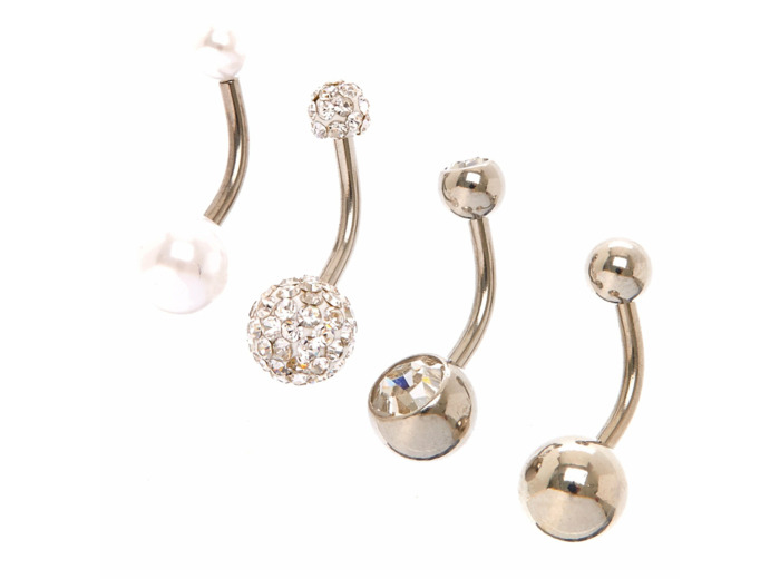 Piercings de nombril perle d'imitation scintillante 1,6 mm couleur argentée - Lot de 4