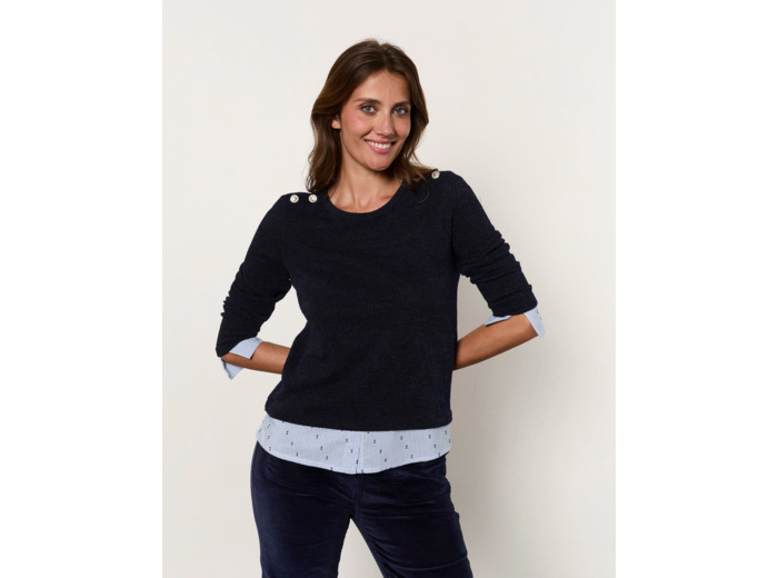 Pull fin bi-matière uni décoré MARINE Femme