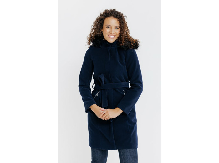 Long Manteau Ceinture Capuche Fourrure