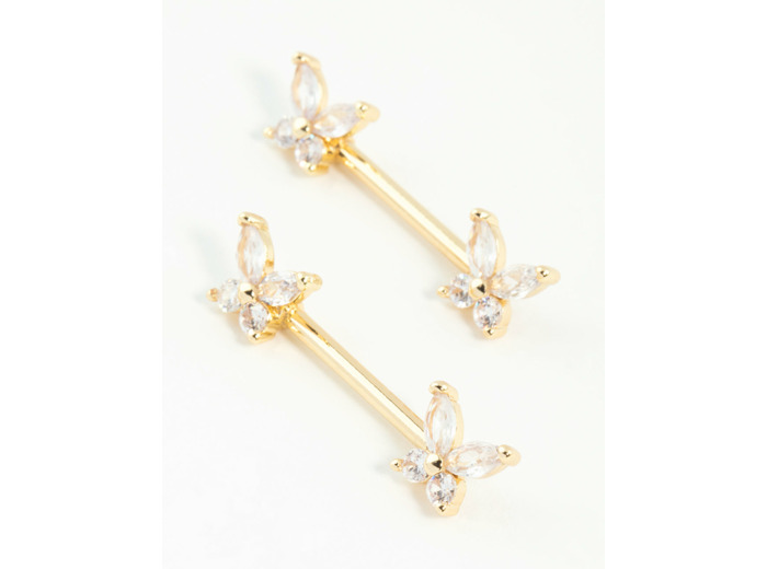 Gold Plated Surgical Steel Cubic Zirconia Butterfly Nipple Bars 2-Pack