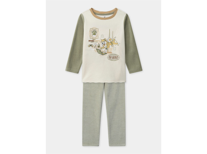 Pyjama écru et vert kaki en velours imprimé chien Garçon