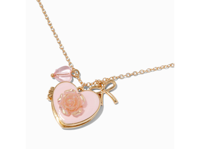 Collier à pendentif couleur dorée médaillon cœur rose rose
