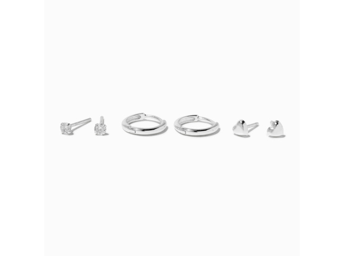 Créoles à charnière 8 mm et cœurs, clou rond 2 mm en zircon cubique couleur argentée C LUXE by Claire’s - Lot de 3