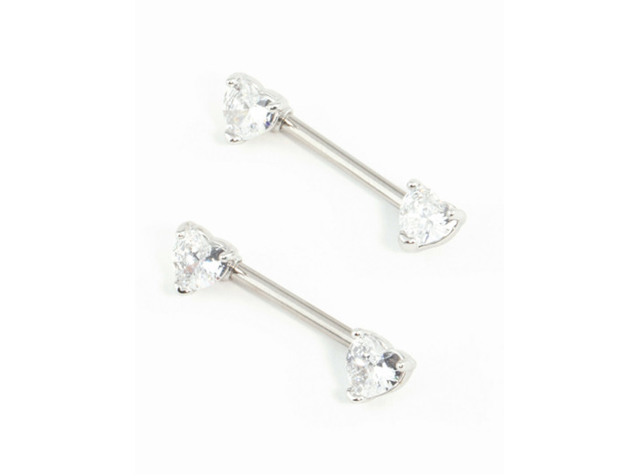 Surgical Steel Cubic Zirconia Heart Nipple Bar 2-Pack