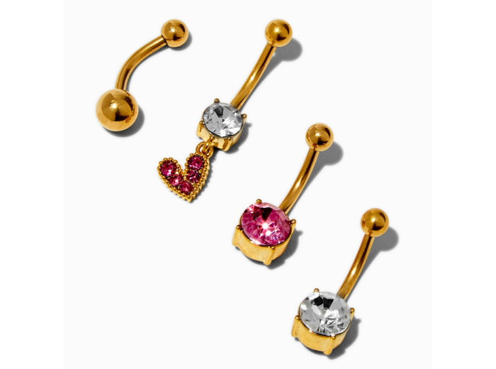 Barres de nombril 1,6 mm pendentif cœur en acier inoxydable couleur dorée - Lot de 4