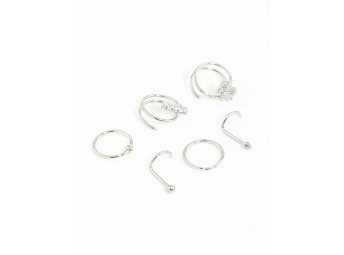 Surgical Steel Cubic Zirconia Bar & Spiral Nose Piercing 6-Pack