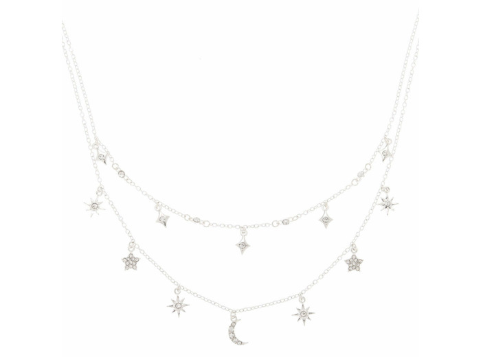 Collier multi-rangs à breloques célestes couleur argenté