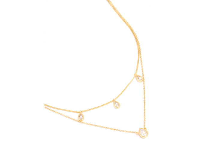 Gold Plated Cubic Zirconia Teardrop Layered Necklace