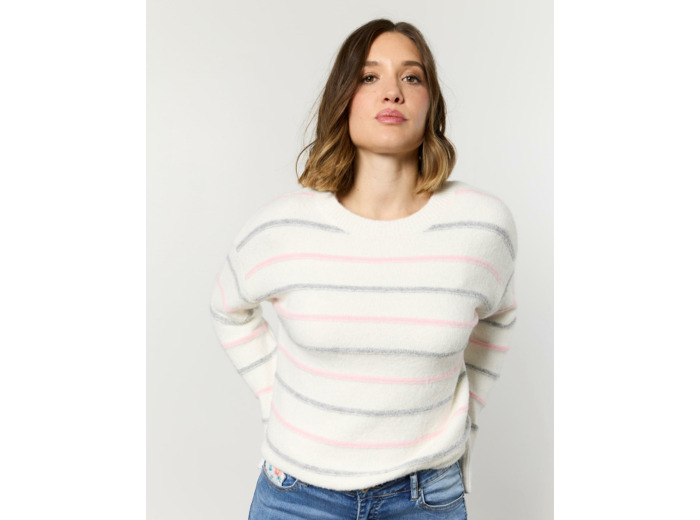 Pull épais contenant de la laine rayé BLANC Femme