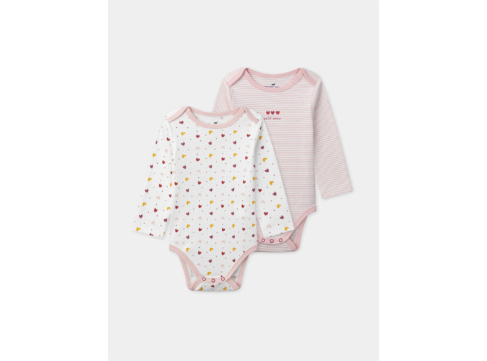 Lot de 2 bodies à rayures rose ou imprimés coeurs Bébé Fille