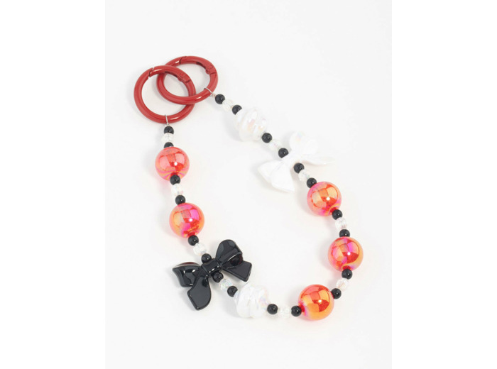 Red, White & Black Pearl & Bow Heart Keychain