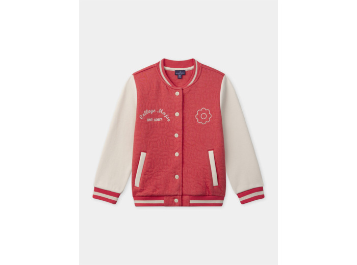 Veste Teddy rouge corail à broderie fleuries et manches longues écrues Fille