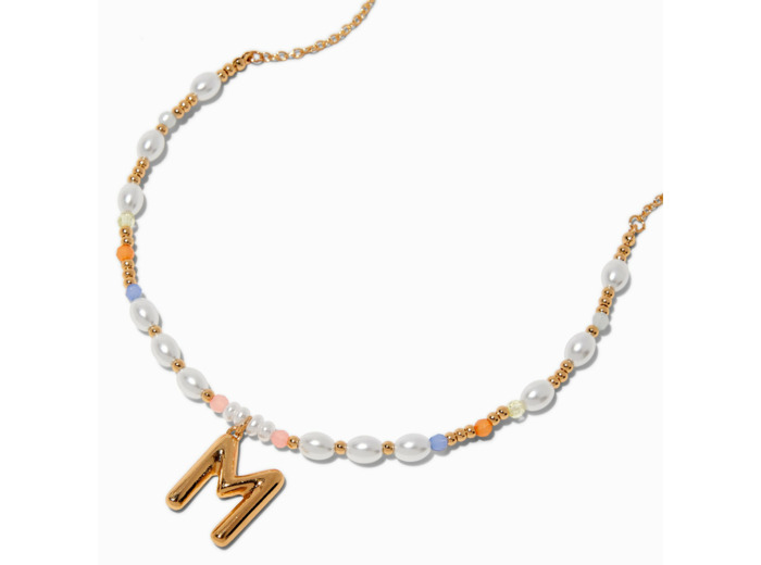 Collier à pendentif perlé pastel à initiale bulle couleur dorée - M