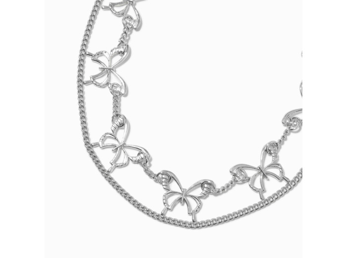 Collier multi-rangs papillon décalé couleur argentée