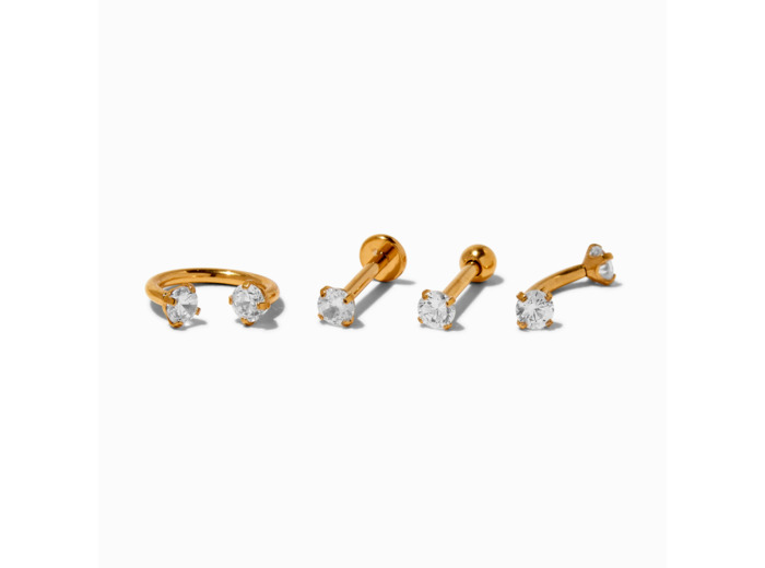 Clous pour piercing labret avec zircons cubiques 1,2 mm en titane couleur dorée - Lot de 4