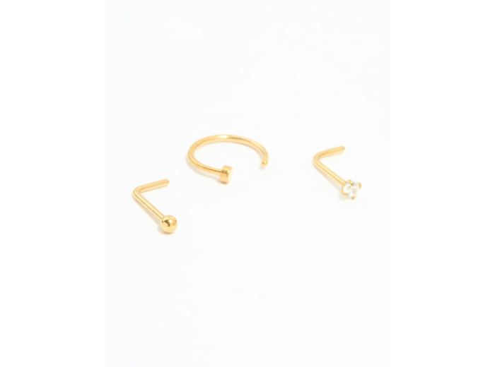 Gold Plated Titanium Cubic Zirconia Nose Ring & Studs 3-Pack