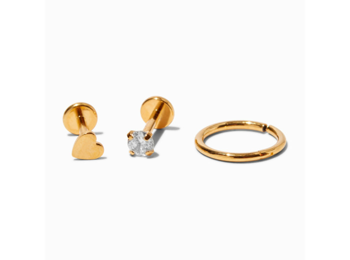 Boucles d'oreilles pour piercing au cartilage 1,0 mm cœur en zircon cubique et en titane couleur dorée - Lot de 3