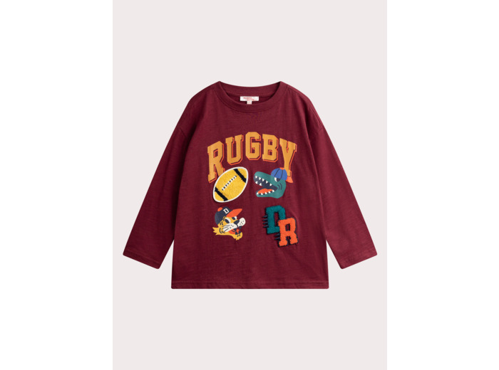 T-shirt bordeaux animation rugby pour garçon