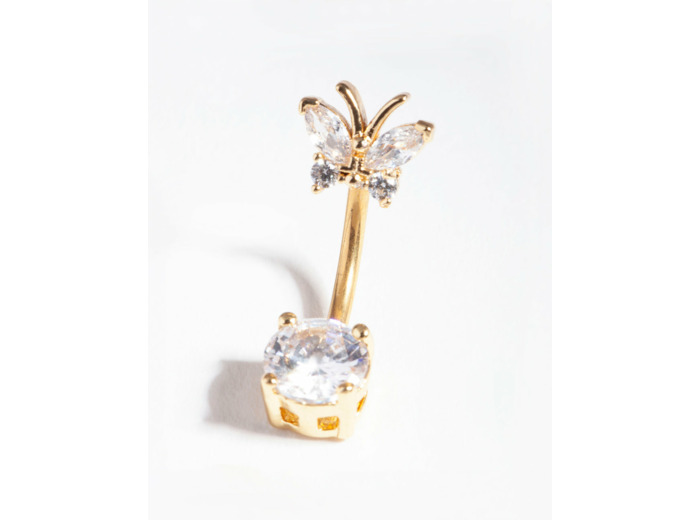 Gold Titanium Cubic Zirconia Butterfly Belly Bar