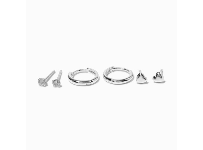 Créoles à charnière 8 mm et cœurs, clou rond 2 mm en zircon cubique couleur argentée C LUXE by Claire’s - Lot de 3