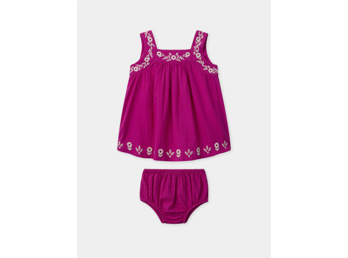 Robe et bloomer rose fuschia à broderies fleuries à bretelles Bébé Fille
