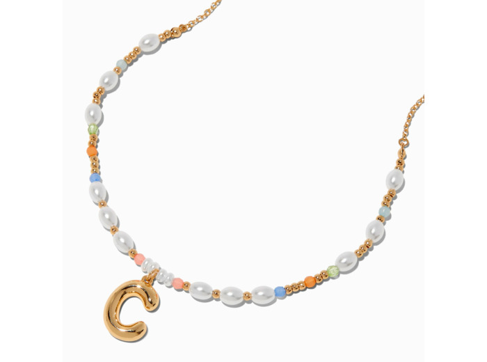 Collier à pendentif perlé pastel à initiale bulle couleur dorée - C