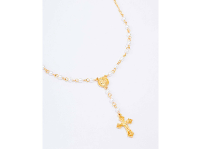 Gold Plated Pearl Cross Y-Shaped Pendant Necklace