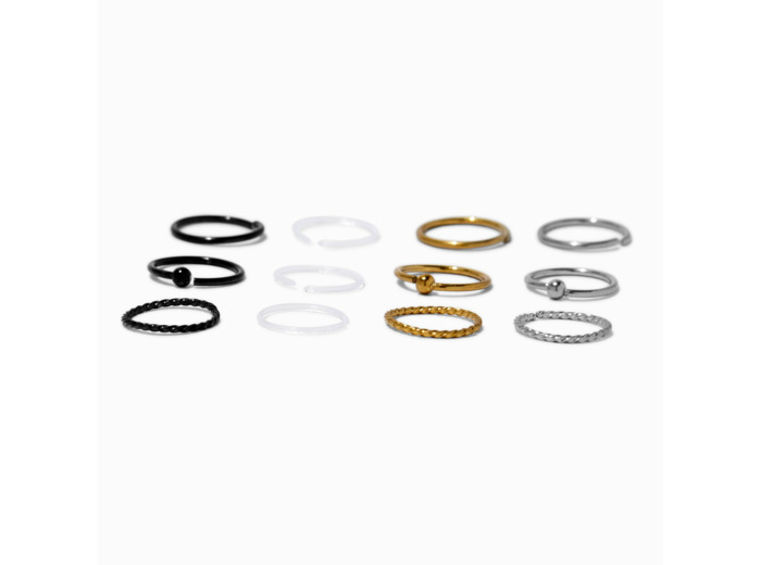 Anneaux et clous de piercing de nez aux designs variés 0,8 mm en BioFlex® - Lot de 12