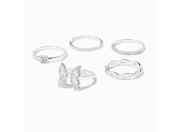 Silver-tone Crystal Butterfly Rings - 5 Pack