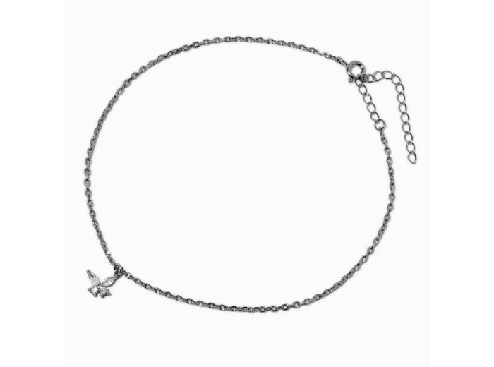 Silver-tone Cubic Zirconia Butterfly Dangle Anklet