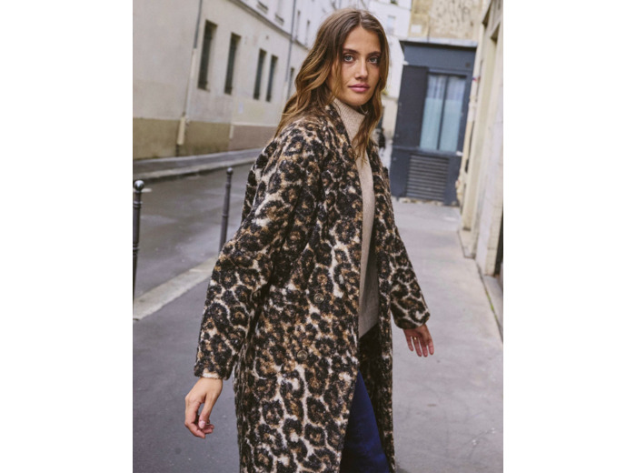 Manteau mi-long imprimé léopard NOIR Femme