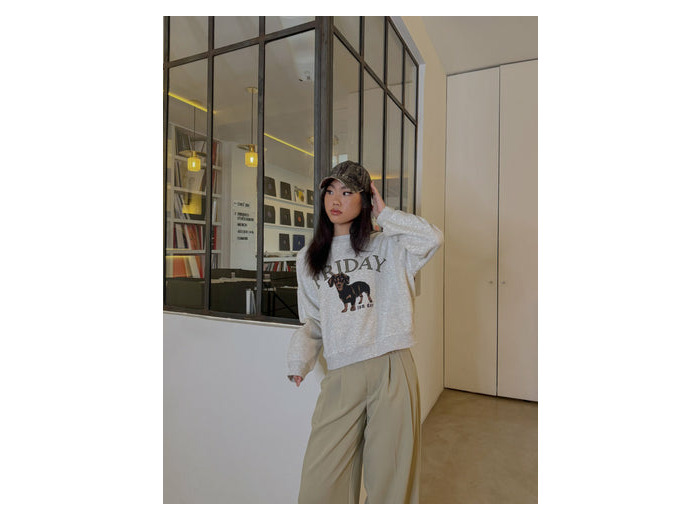 Sweat à message et motif gris chiné clair