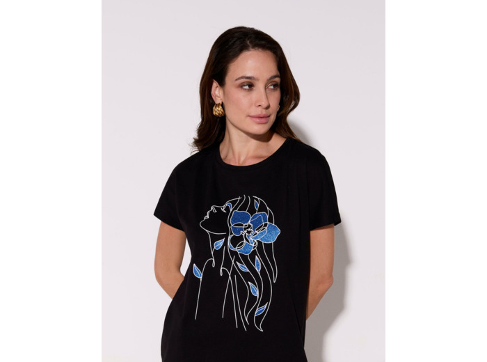 T-Shirt manches courtes 100% coton imprimé placé NOIR Femme
