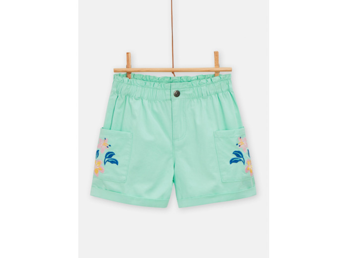Short vert d'eau avec broderies fleuries pour fille
