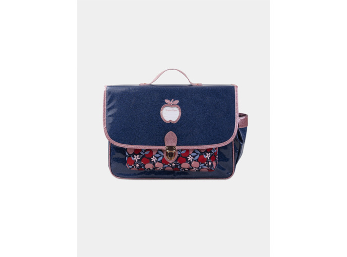 Cartable bleu marine et rose paillettés à imprimé pomme Fille
