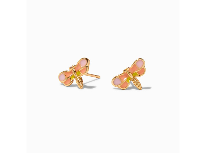 Clous d'oreilles couleur dorée libellule corail