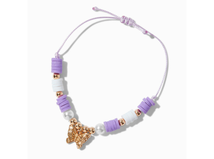 Bracelet réglable papillon perlé violet couleur dorée