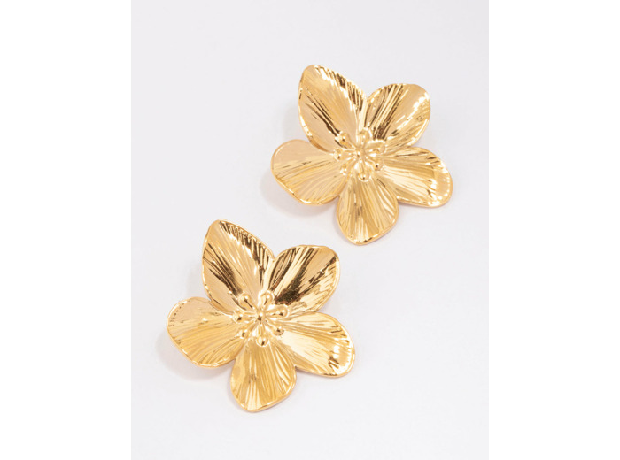 Waterproof Gold Plated Stainless Steel Textured Flower Stud Earrings