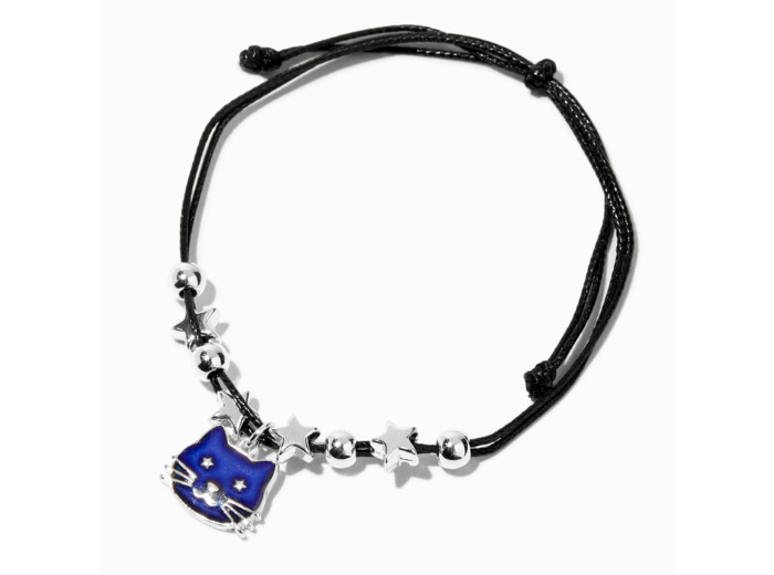 Bracelet en cordon noir étoiles et chat d’humeur bleus