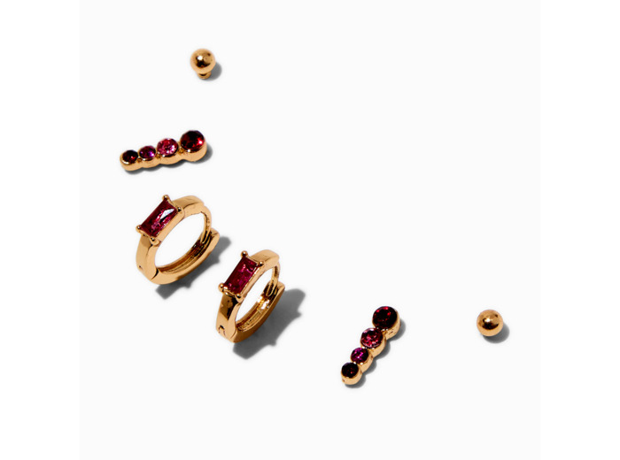 Boucles d'oreilles empilables en zircon cubique rouge couleur dorée - Lot de 3