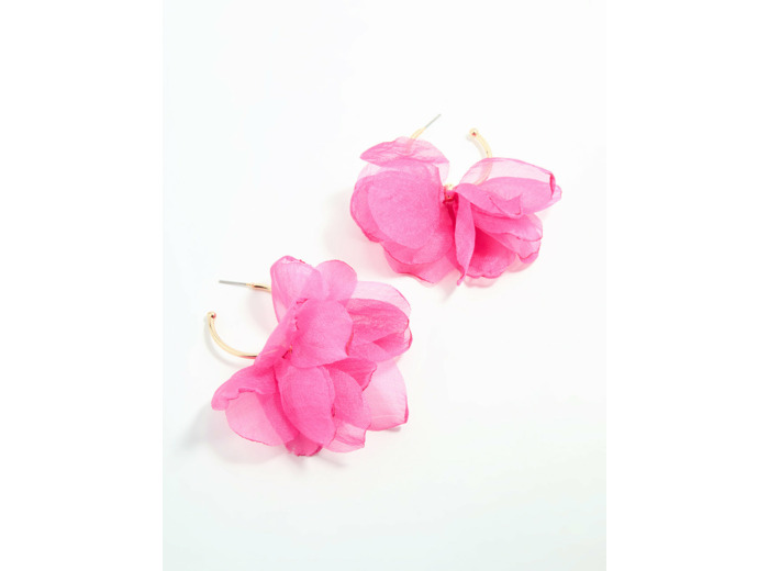 Gold Pink Fabric Flower Hoop Earrings
