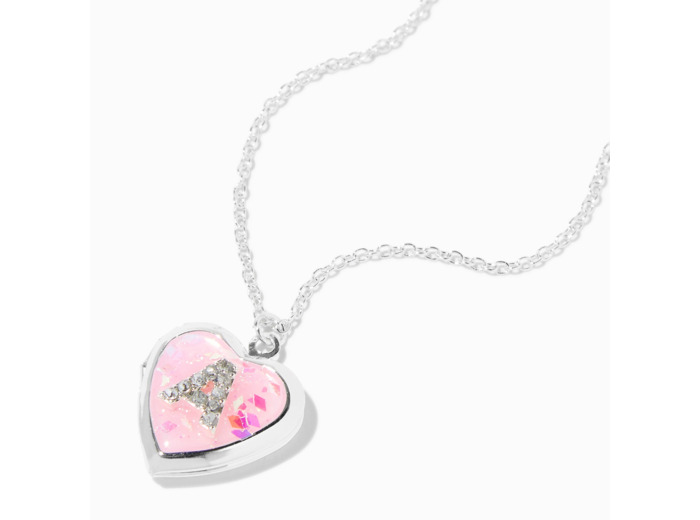 Collier à médaillon cœur pailleté à initiale décorée rose (A)