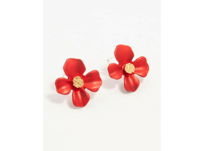 Gold Red Pearlised Flower Stud Earrings