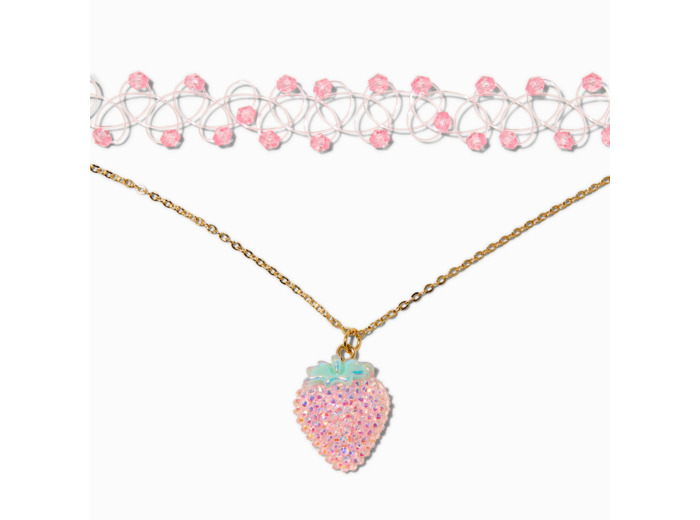 Ras-de-cou pendentif strass fraise et ras-de-cou effet tatouage perlé strass rose - Lot de 2