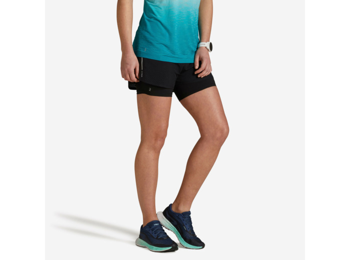Short 2 en 1 running respirant femme - KIPRUN Run 500 Confort noir