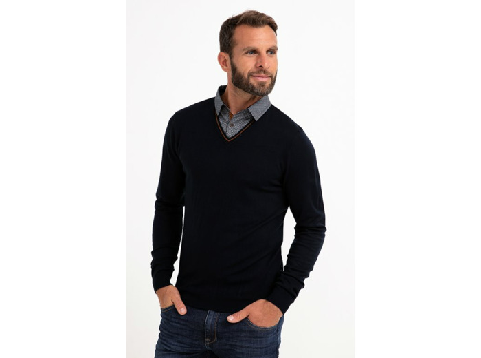 Pull Uni Col V Avec Chemise