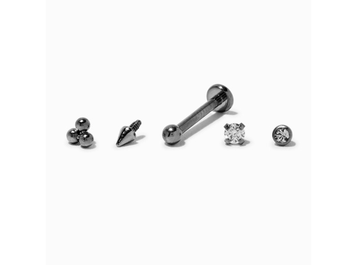Boucles d’oreilles à arrière plat pour piercing hélix 1,0 mm avec embouts interchangeables en zircon cubique titane couleur argentée - Lot de 5